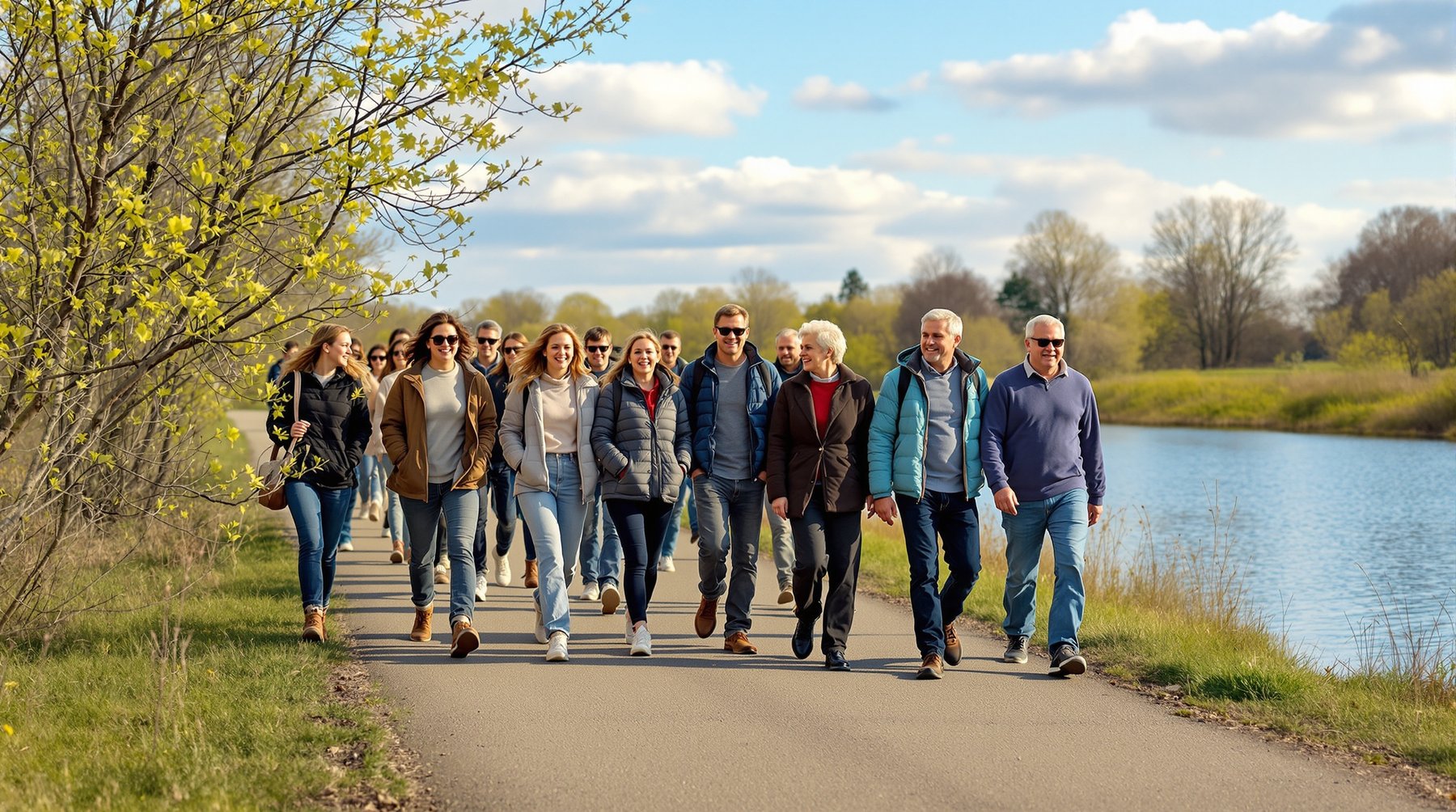 Ryhmä eri-ikäisiä ihmisiä kävelemässä rauhallisesti jokivartta pitkin keväällä