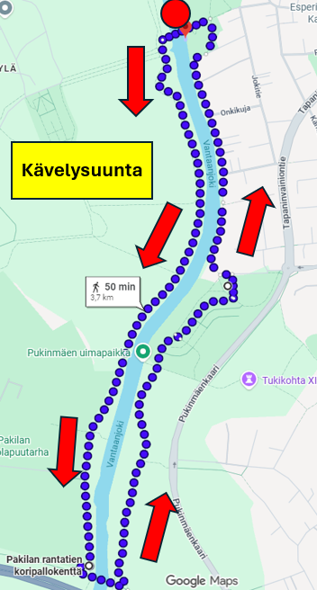 Kartta kävelyreitistä punaisin nuolin: lähtö Tapaninvainion uimarannan sillalta, reitti kulkee etelään Vantaanjoen vartta Pakilan koripallokentälle, noin 3,7 km