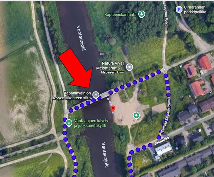 Lähtöpaikan kartta: Tapaninvainion uimarannan silta, punainen nuoli osoittaa kohtaamispaikan