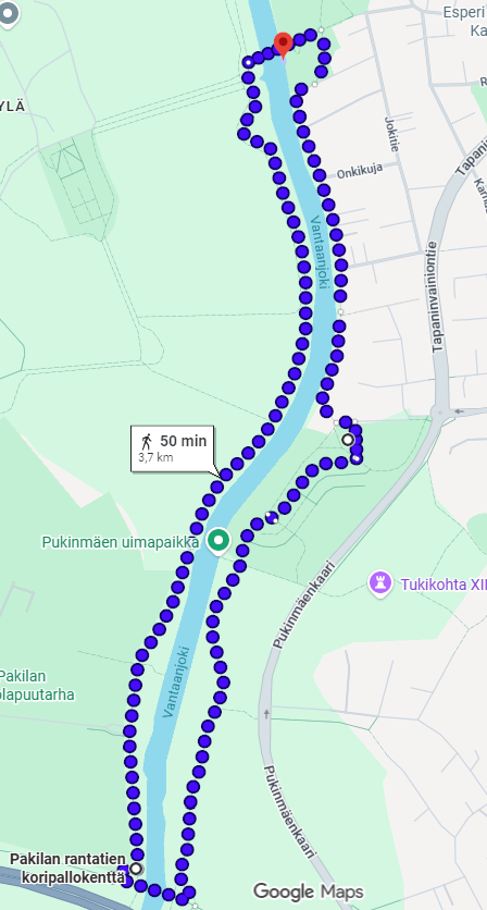 Reittikartta: Tapaninvainion sillalta etelään Vantaanjoen vartta, noin 3,7 km